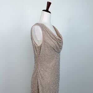 Cachet Beaded Sparkle Beige Mesh Cowl Neck Sleeveless Knee Length Dress SIZE 8